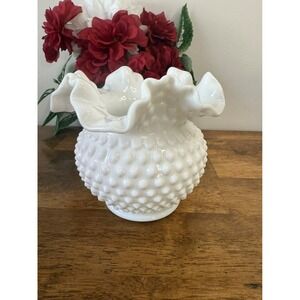 Vintage Milk Glass Hobnail Vase Ruffled Glossy Pedestal Bowl MCM Fenton Style‎